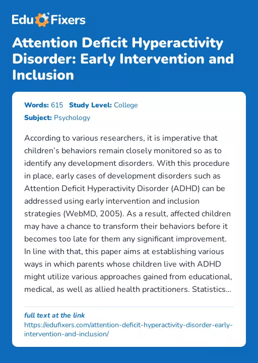 Attention Deficit Hyperactivity Disorder: Early Intervention and Inclusion - Essay Preview