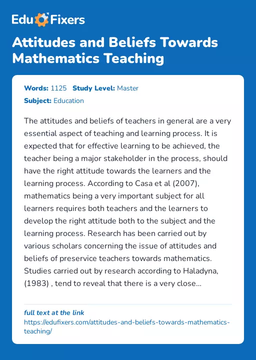 Attitudes and Beliefs Towards Mathematics Teaching - Essay Preview