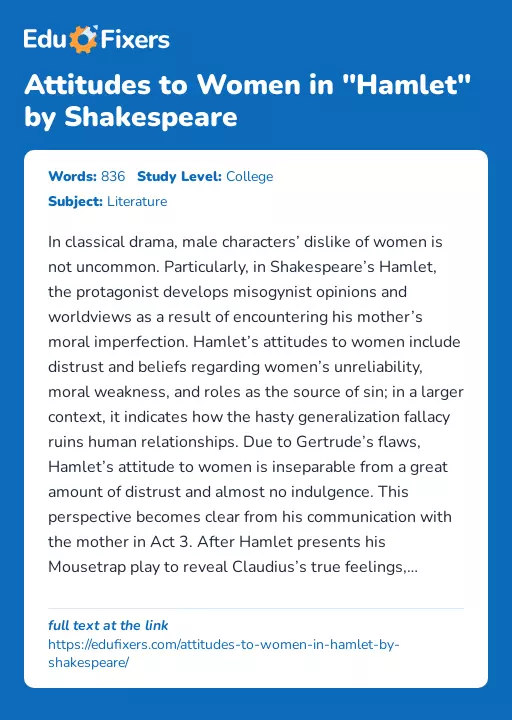 Attitudes to Women in "Hamlet" by Shakespeare - Essay Preview