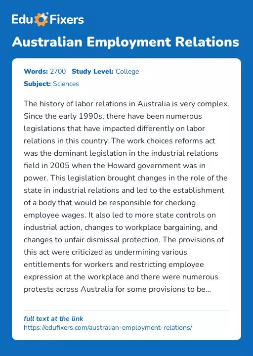 Australian Employment Relations - Essay Preview