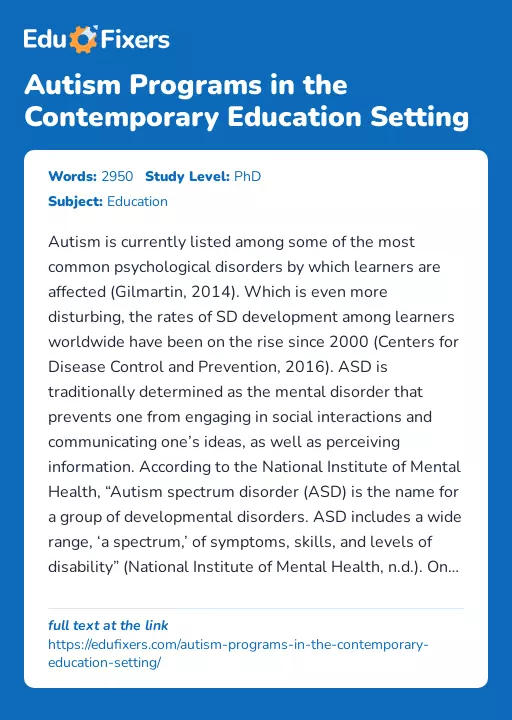 Autism Programs in the Contemporary Education Setting - Essay Preview