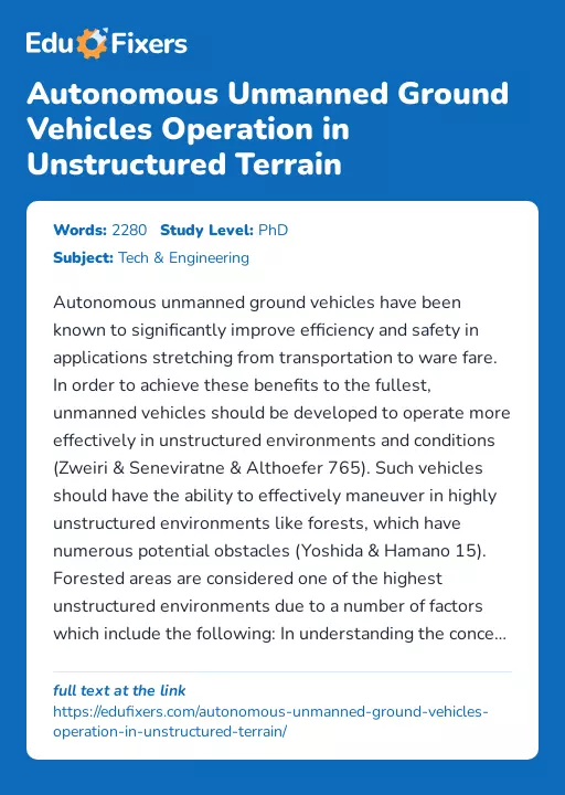 Autonomous Unmanned Ground Vehicles Operation in Unstructured Terrain - Essay Preview