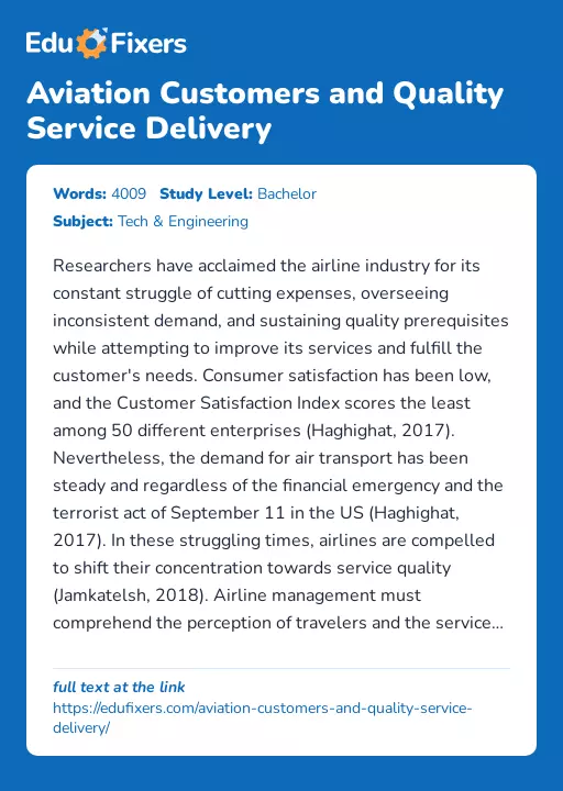 Aviation Customers and Quality Service Delivery - Essay Preview
