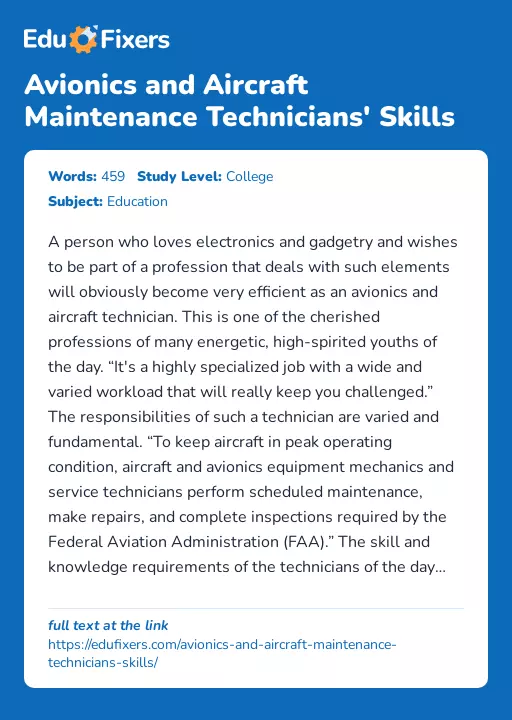 Avionics and Aircraft Maintenance Technicians' Skills - Essay Preview