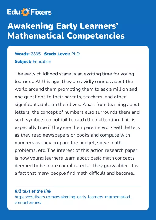 Awakening Early Learners’ Mathematical Competencies - Essay Preview