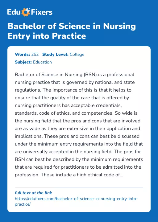 Bachelor of Science in Nursing Entry into Practice - Essay Preview