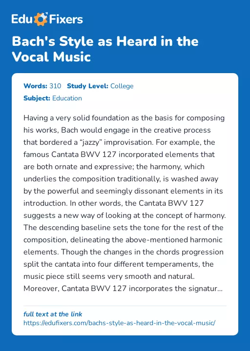 Bach's Style as Heard in the Vocal Music - Essay Preview