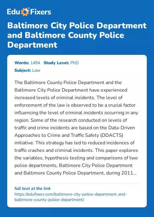 Baltimore City Police Department and Baltimore County Police Department - Essay Preview