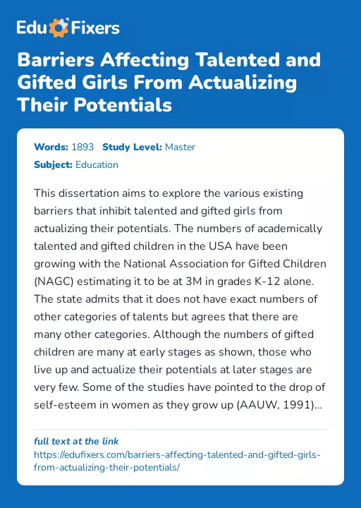 Barriers Affecting Talented and Gifted Girls From Actualizing Their Potentials - Essay Preview