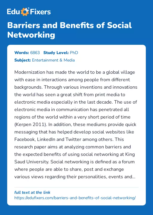 Barriers and Benefits of Social Networking - Essay Preview
