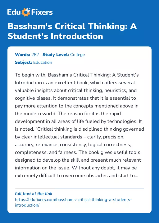 Bassham's Critical Thinking: A Student's Introduction - Essay Preview