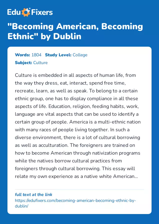 "Becoming American, Becoming Ethnic" by Dublin - Essay Preview