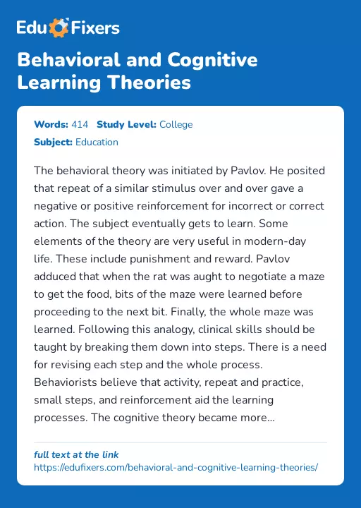 Behavioral and Cognitive Learning Theories - Essay Preview