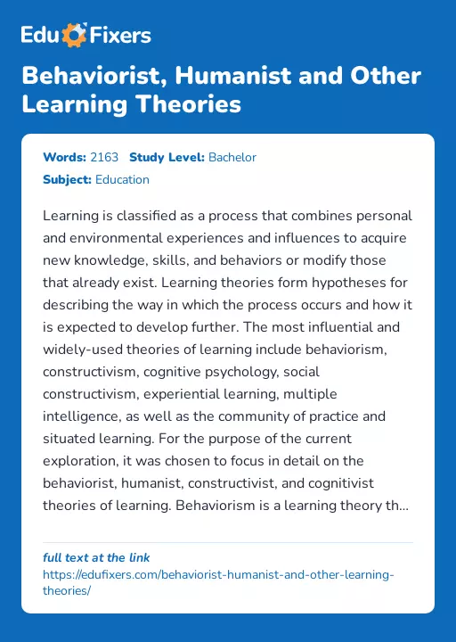 Behaviorist, Humanist and Other Learning Theories - Essay Preview