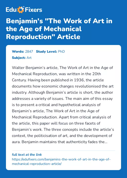 Benjamin's "The Work of Art in the Age of Mechanical Reproduction" Article - Essay Preview