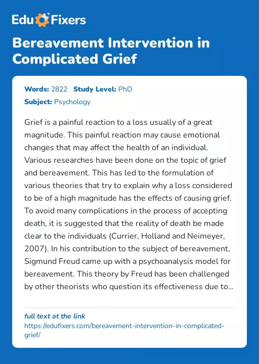 Bereavement Intervention in Complicated Grief - Essay Preview