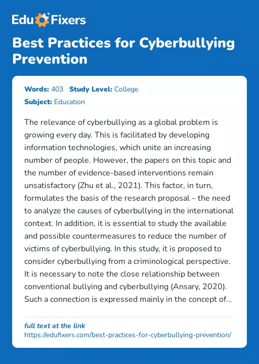 Best Practices for Cyberbullying Prevention - Essay Preview