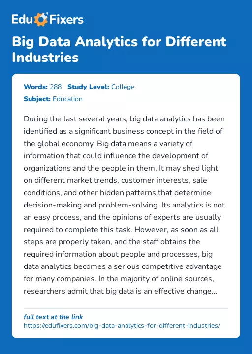 Big Data Analytics for Different Industries - Essay Preview