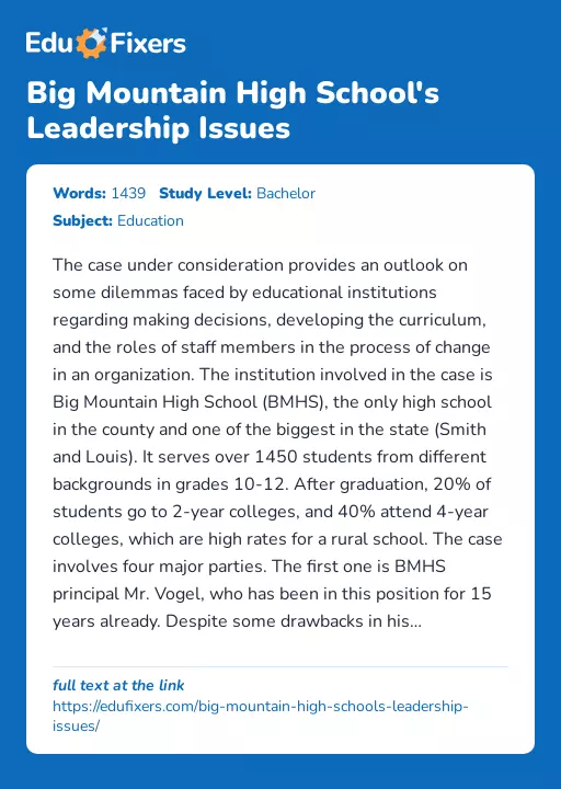 Big Mountain High School's Leadership Issues - Essay Preview