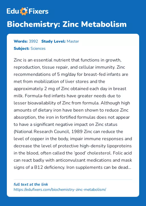 Biochemistry: Zinc Metabolism - Essay Preview