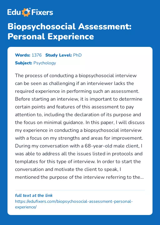 Biopsychosocial Assessment: Personal Experience - Essay Preview