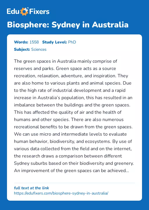 Biosphere: Sydney in Australia - Essay Preview