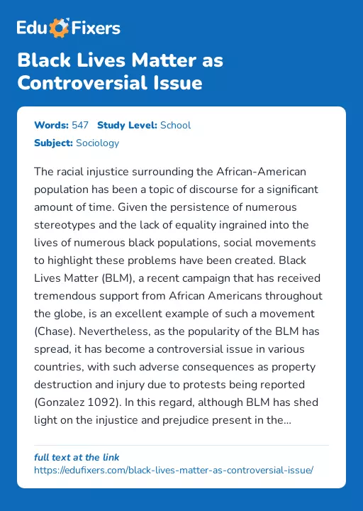 Black Lives Matter as Controversial Issue - Essay Preview