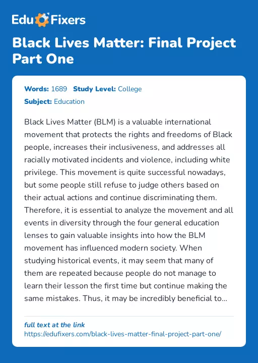Black Lives Matter: Final Project Part One - Essay Preview