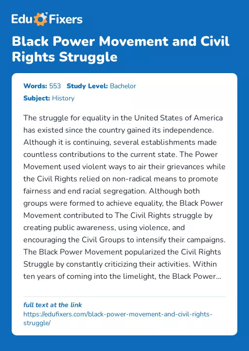 Black Power Movement and Civil Rights Struggle - Essay Preview