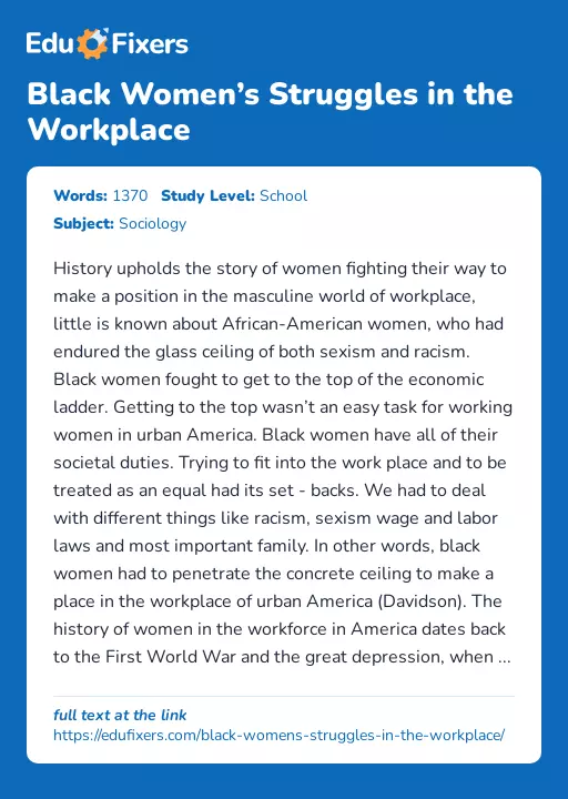 Black Women’s Struggles in the Workplace - Essay Preview