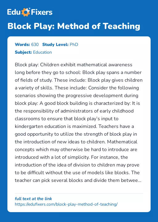 Block Play: Method of Teaching - Essay Preview