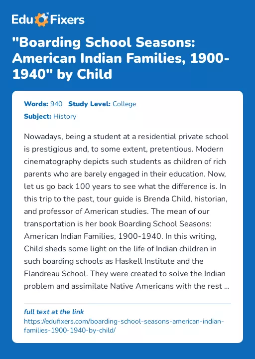 "Boarding School Seasons: American Indian Families, 1900-1940" by Child - Essay Preview