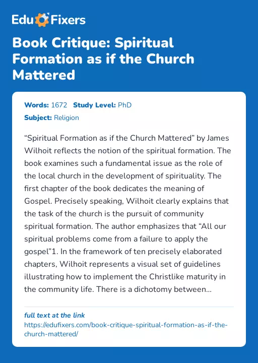 Book Critique: Spiritual Formation as if the Church Mattered - Essay Preview
