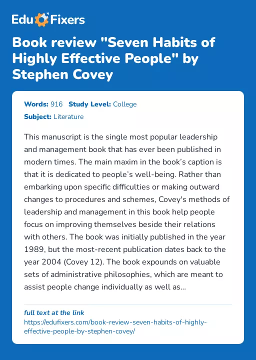 Book review "Seven Habits of Highly Effective People" by Stephen Covey - Essay Preview