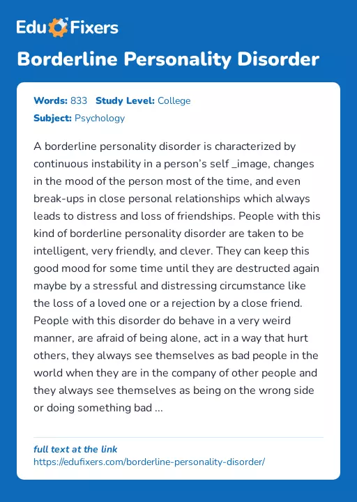 Borderline Personality Disorder - Essay Preview
