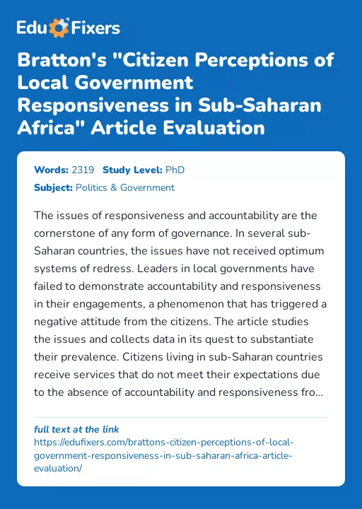 Bratton's "Citizen Perceptions of Local Government Responsiveness in Sub-Saharan Africa" Article Evaluation - Essay Preview