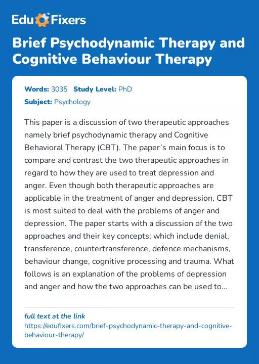 Brief Psychodynamic Therapy and Cognitive Behaviour Therapy - Essay Preview