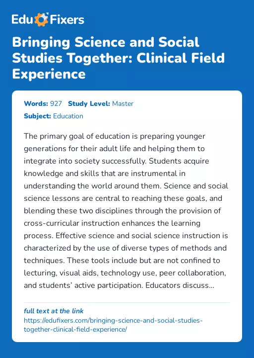 Bringing Science and Social Studies Together: Clinical Field Experience - Essay Preview