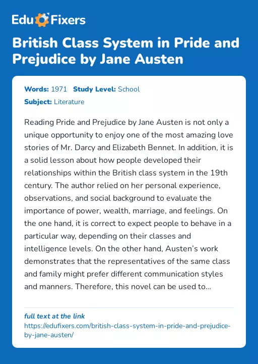 British Class System in Pride and Prejudice by Jane Austen - Essay Preview