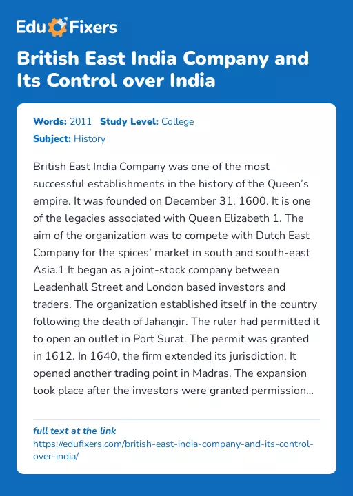 British East India Company and Its Control over India - Essay Preview