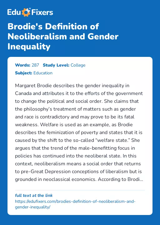 Brodie's Definition of Neoliberalism and Gender Inequality - Essay Preview
