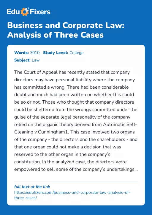 Business and Corporate Law: Analysis of Three Cases - Essay Preview