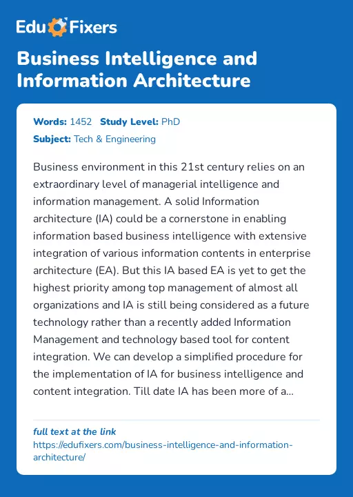 Business Intelligence and Information Architecture - Essay Preview