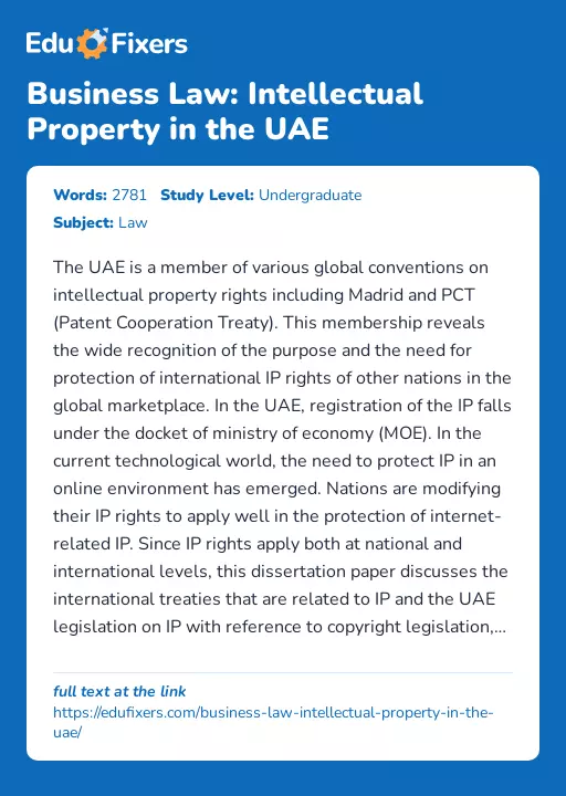Business Law: Intellectual Property in the UAE - Essay Preview