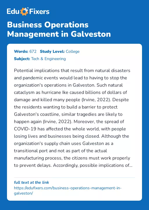 Business Operations Management in Galveston - Essay Preview