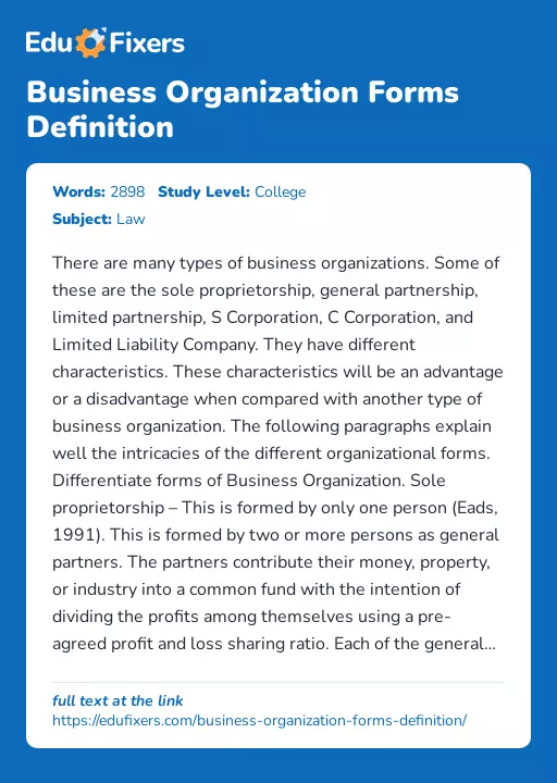 Business Organization Forms Definition - Essay Preview