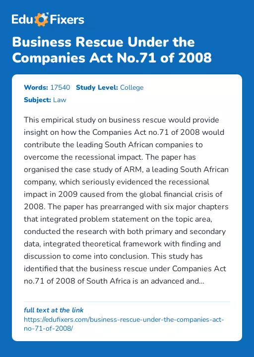 Business Rescue Under the Companies Act No.71 of 2008 - Essay Preview
