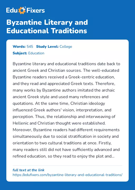 Byzantine Literary and Educational Traditions - Essay Preview