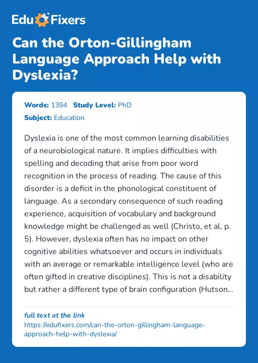 Can the Orton-Gillingham Language Approach Help with Dyslexia? - Essay Preview