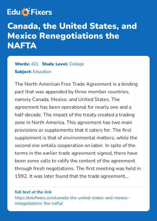 Canada, the United States, and Mexico Renegotiations the NAFTA - Essay Preview